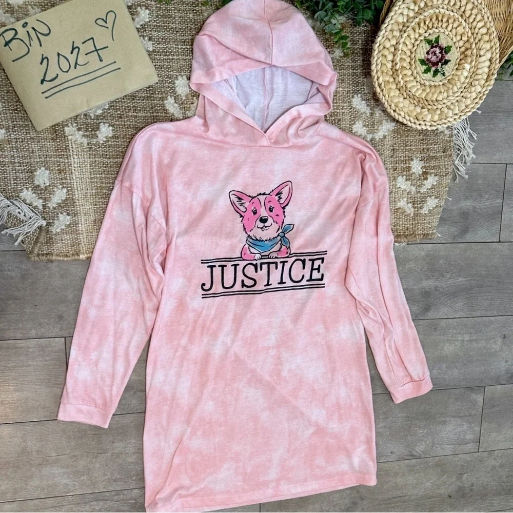 Justice Girls Hoodie Nightgown Pink With Dog Sleep Pajamas Size XL